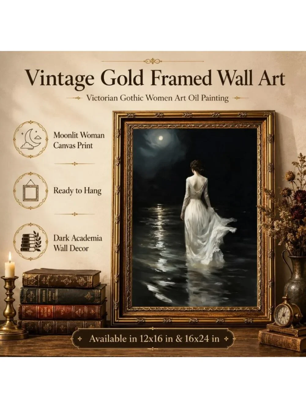 Vintage Gold Framed Wall Art - Victorian Gothic Women Oil Painting, Dark